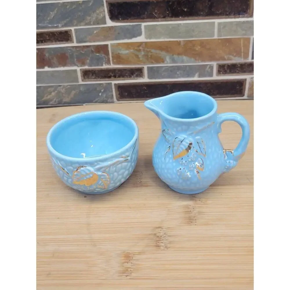 Vintage Wade Golden Turquoise Bramble Creamer and Sugar Bowl Set Blue Gold Decor